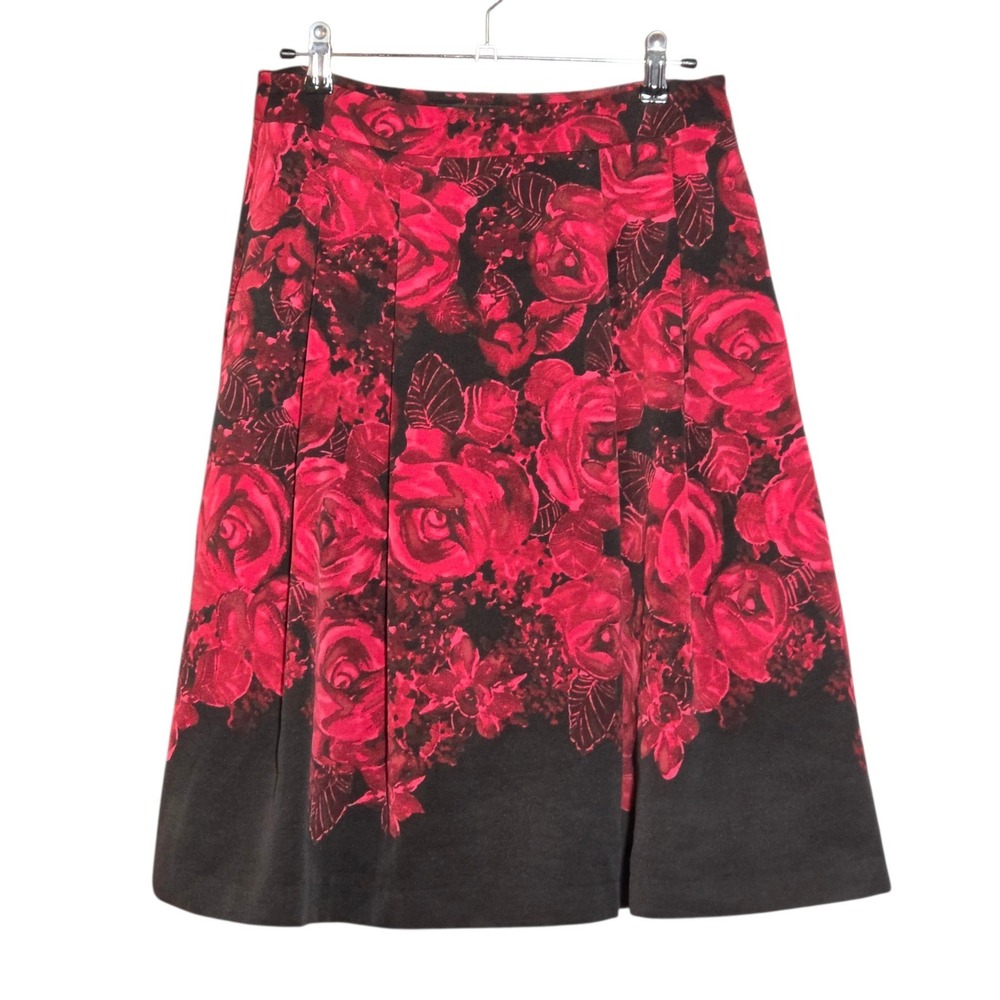 Talbots Women 4 Skirt Black Red Floral Rose Print Pleated A-Line Knee Length
